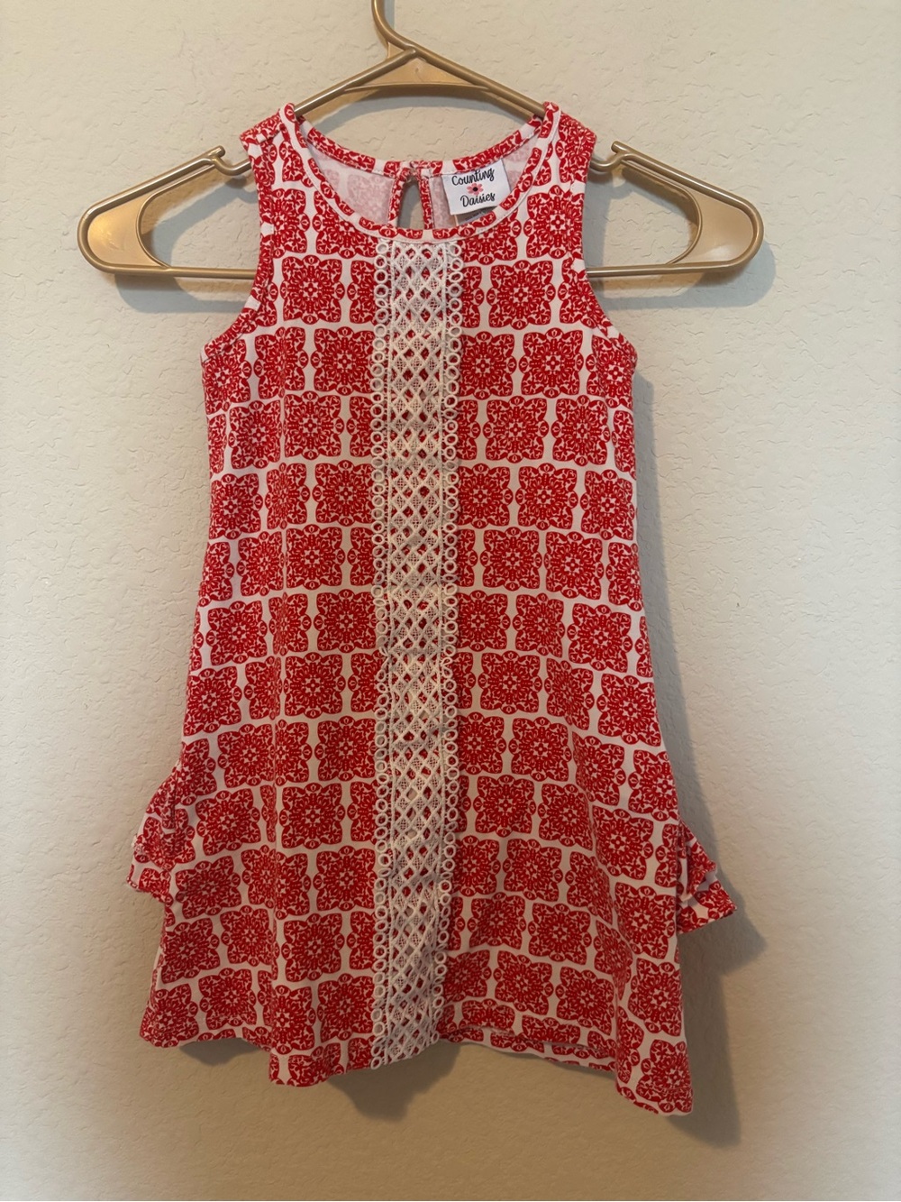 Counting Daisies Girls Red White Sleeveless Crochet Lace Knit Dress Size 6